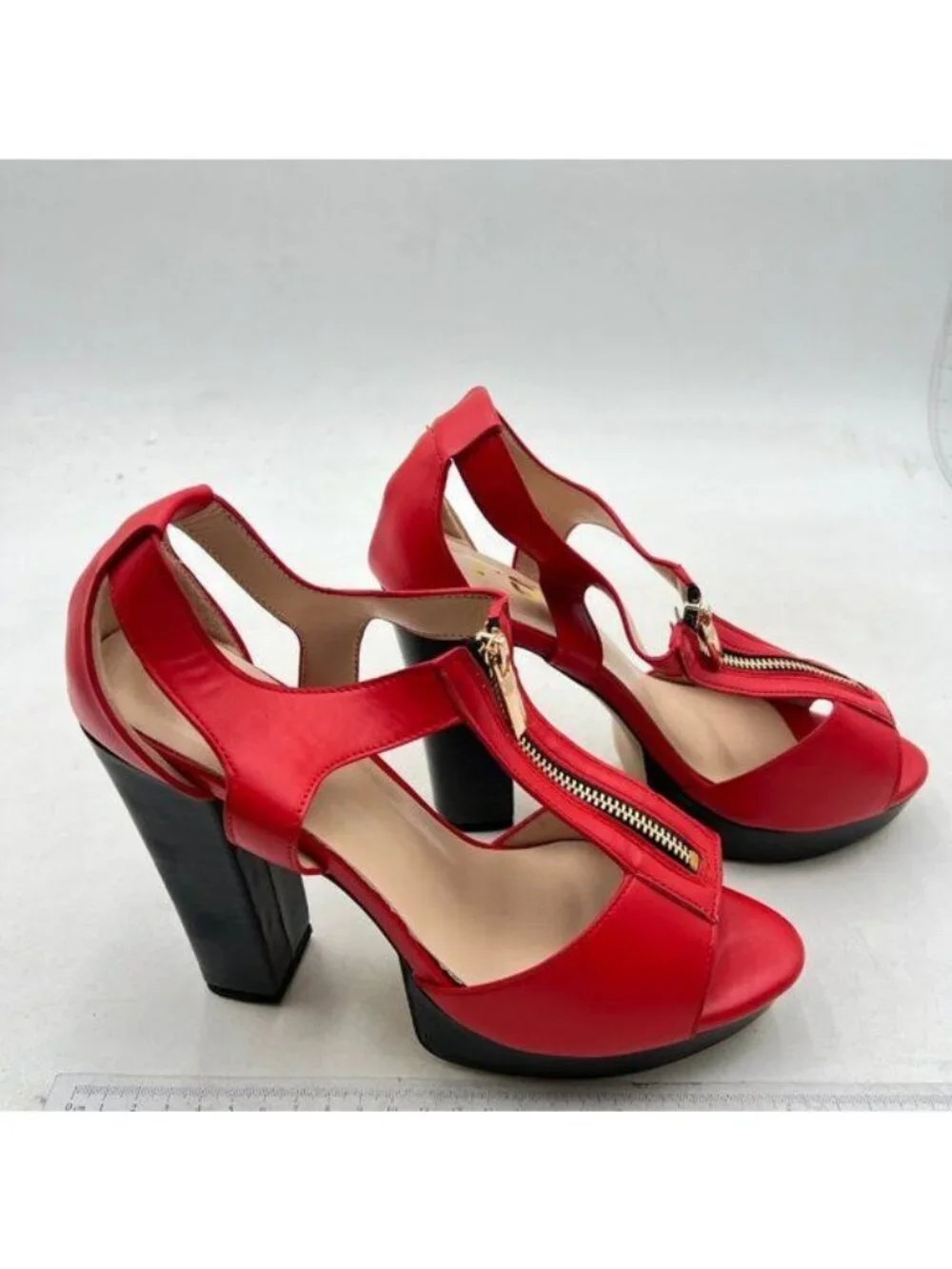 FSJ Women Peep Open Toe T-Strap Front Zipper Chunky Stacked High Heel Red Sandal